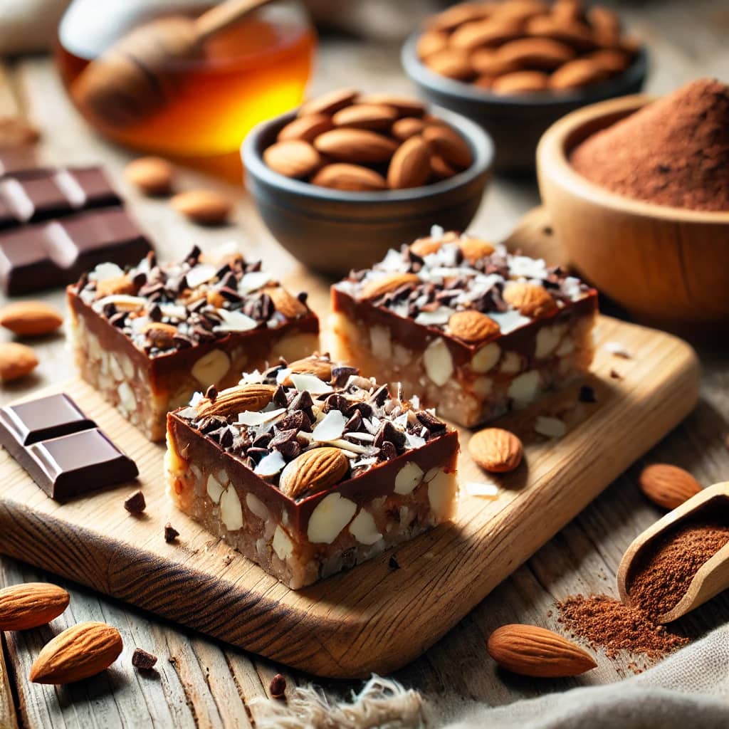 Close-up of Cacao Almond Energy Bars cut into squares, topped with cacao nibs, shredded coconut, and chopped almonds, arranged on a wooden board.