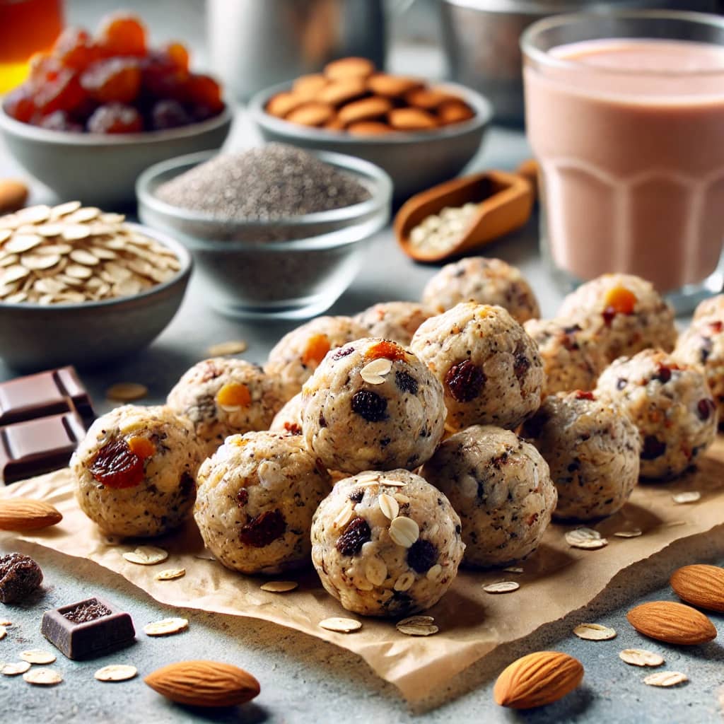 Close-up of Healthy No-Bake Energy Bites on parchment paper with chia seeds, oats, dried fruit, almonds, and chocolate chips scattered around.