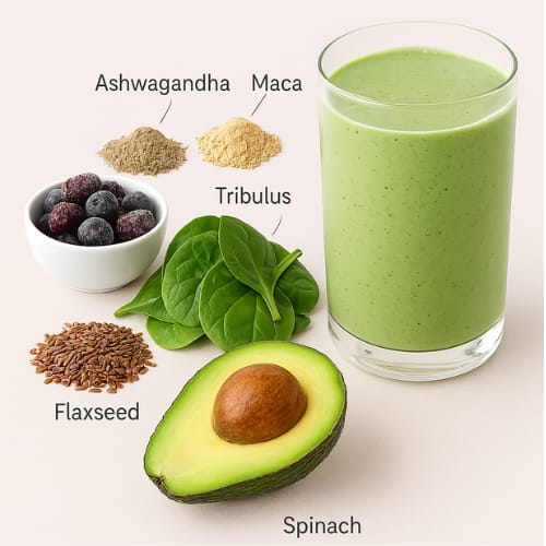 a PCOS-friendly smoothie in a clear glass with ingredients like berries, avocado, flaxseed, and leafy greens, labeled with hormone-balancing herbs maca, ashwagandha, and tribulus.