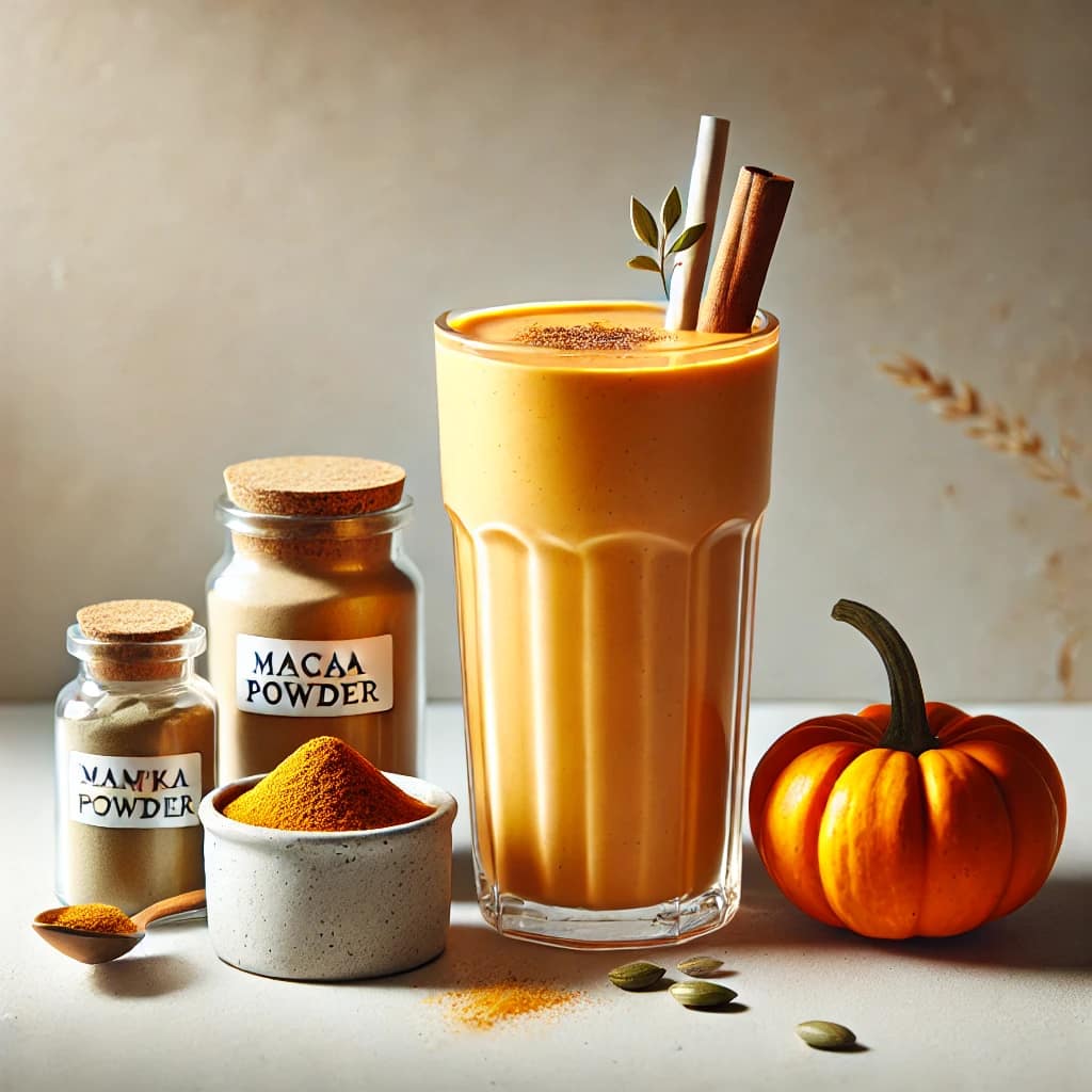 A tall glass of orange-colored smoothie with pumpkin and cinnamon garnish, representing Maca Mandingo ingredients on a clean background