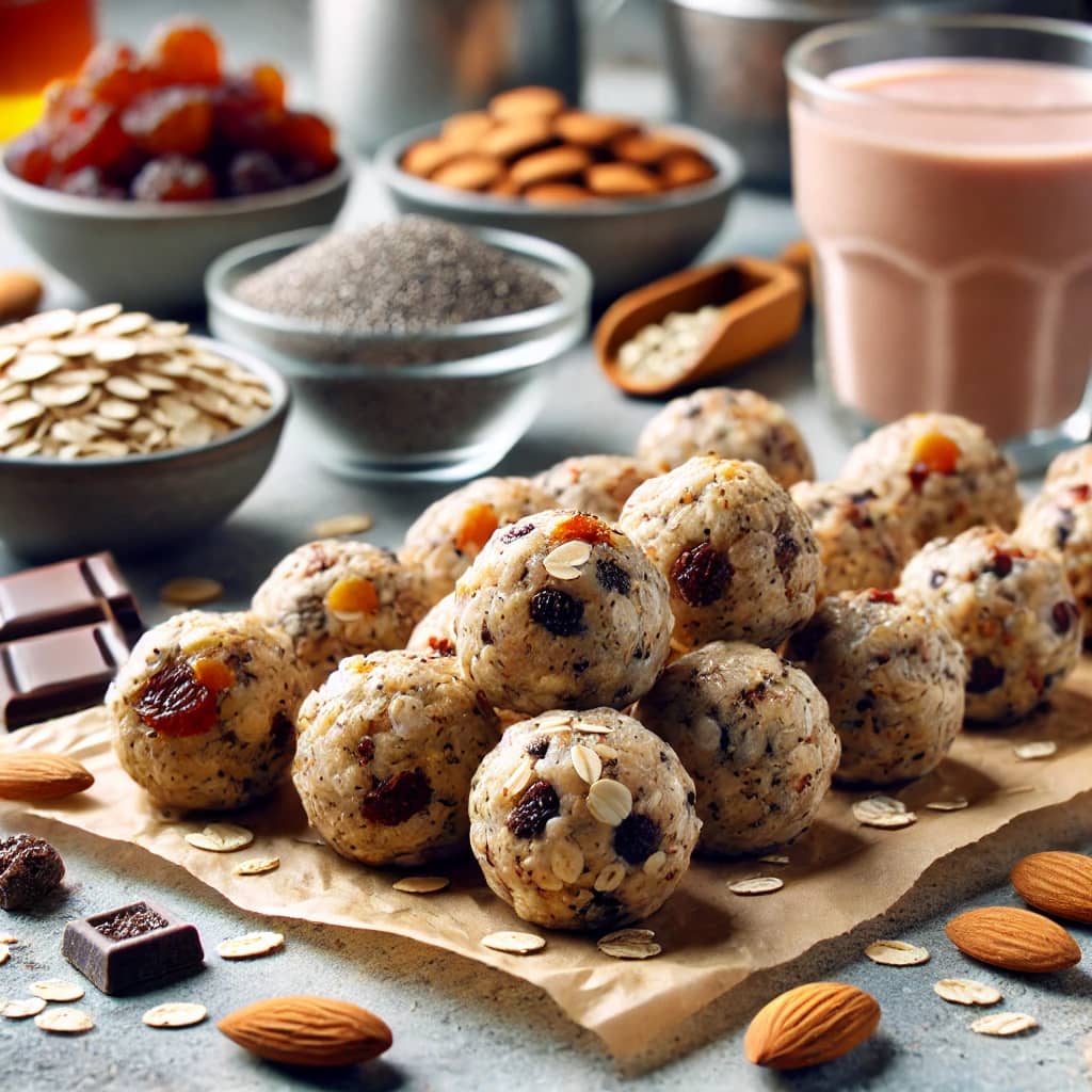 Close-up of No-Bake Energy Bites on parchment paper with chia seeds, oats, dried fruit, almonds, and chocolate chips scattered around.