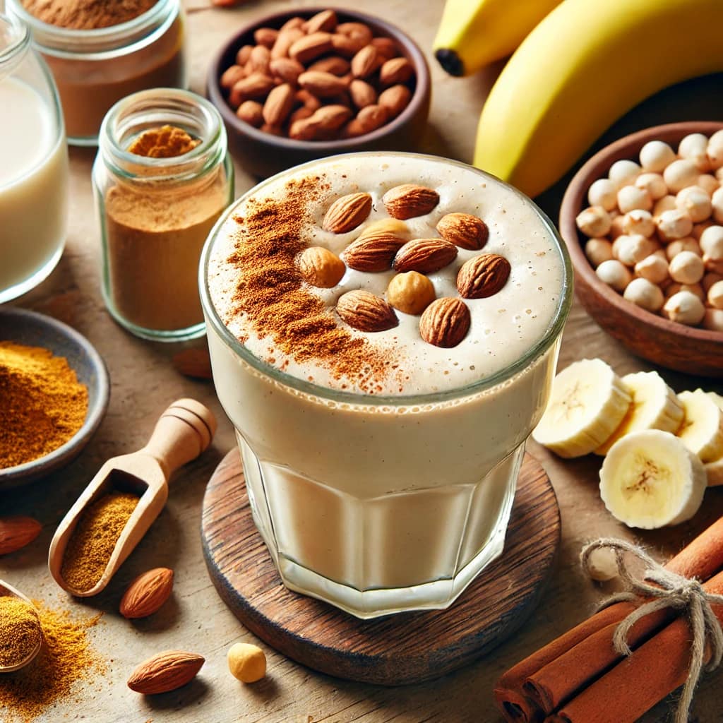 vibrant maca-infused garbanzo almond smoothie in a glass, topped with cinnamon and banana slices, surrounded by maca powder, garbanzo beans, almond butter, and almond milk, set on a wooden table with soft, natural lighting.